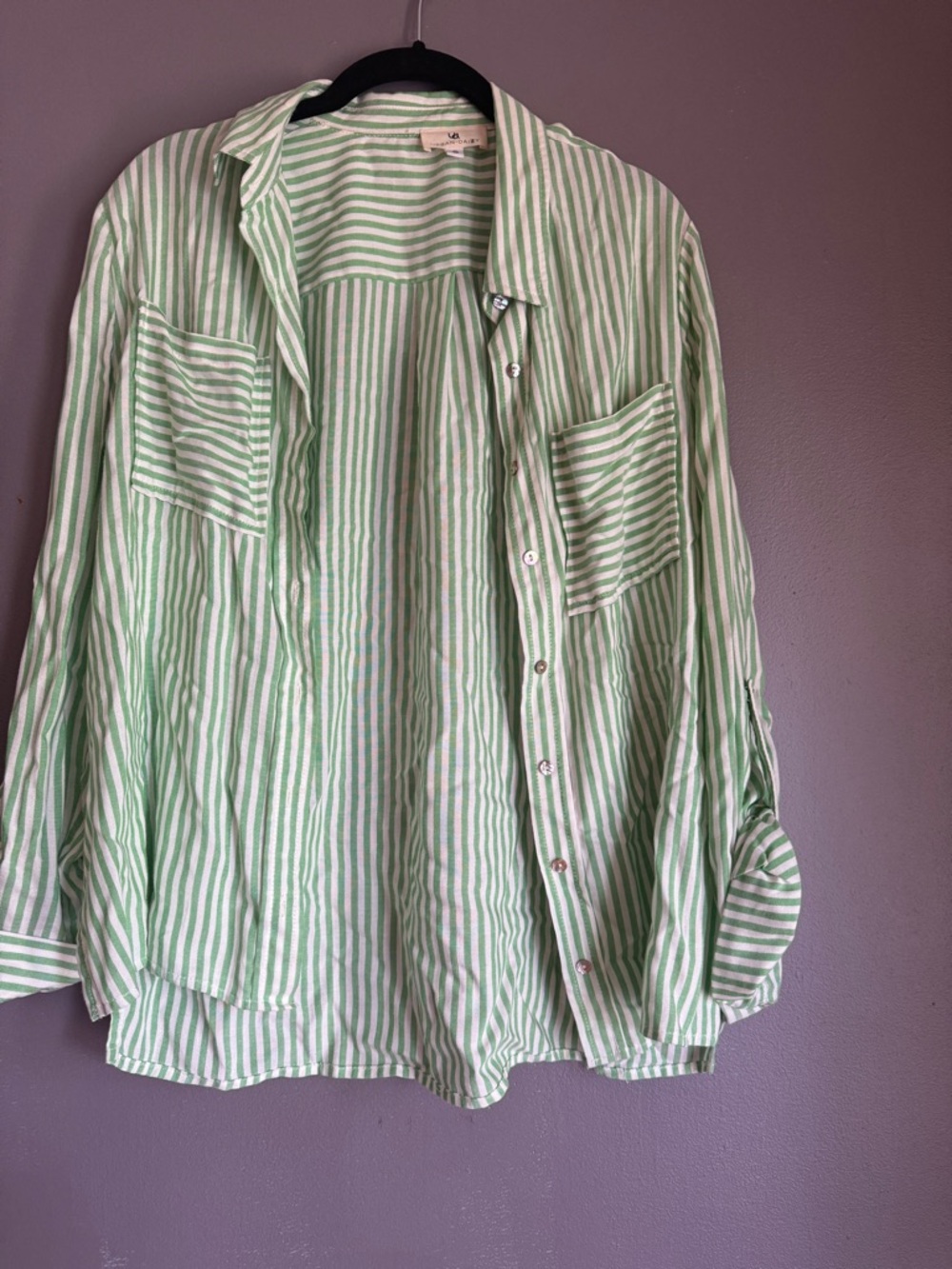 Light weight Green and White Striped Button-Up Shirt